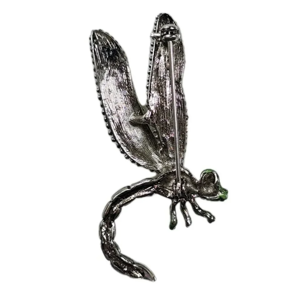 Dragonfly Brooch PIN Green Enamel Wings & Amber Rhinestones Nature Jewelry VTG
